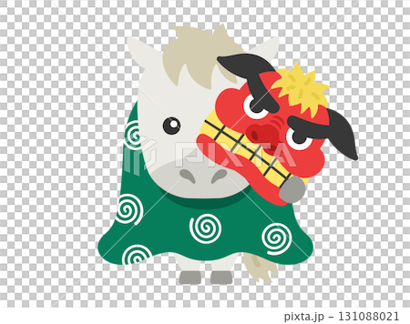獅子舞の衣装を着た、白馬のキャラクターのイラスト｜午年素材 131088021