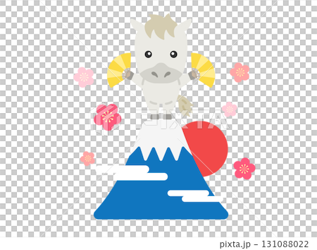 富士山の頂上にいる、白馬のキャラクターのイラスト｜午年素材 131088022
