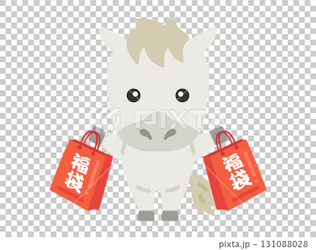 福袋を買った、白馬のキャラクターのイラスト｜午年素材 131088028