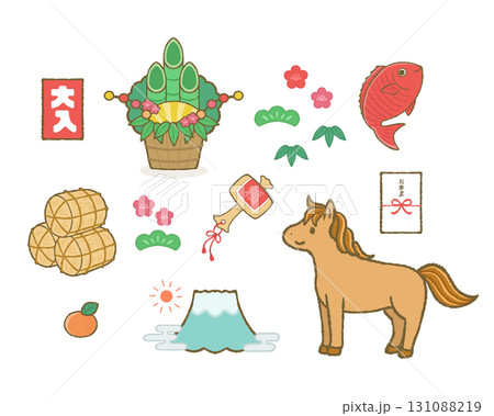 お正月の縁起物と正月飾りのイラストセット② 131088219