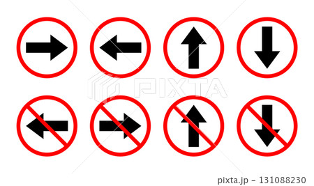 Set of directional road signs with forbidden and allowed turn or direction symbols. 131088230