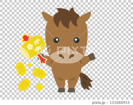 打ち出の小槌を振る、馬のキャラクターのイラスト|午年素材 打ち出の小槌を振る、馬のキャラクターのイラスト|午年素材 131088433