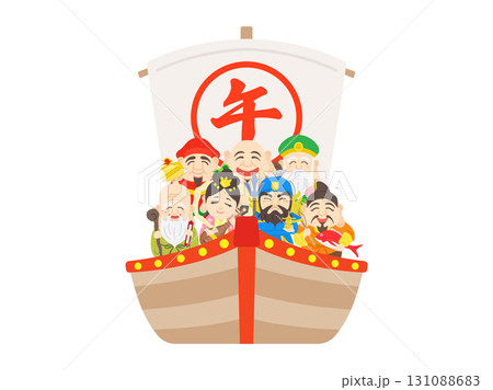 午年の、七福神を乗せた宝船のイラスト|午年素材 午年の、七福神を乗せた宝船のイラスト|午年素材 131088683