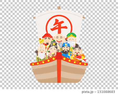 午年の、七福神を乗せた宝船のイラスト|午年素材 午年の、七福神を乗せた宝船のイラスト|午年素材 131088683