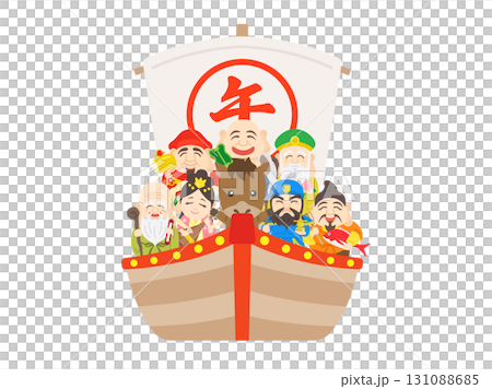 載著馬和七福神的寶船插圖｜馬年素材 131088685