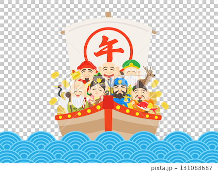 午年の、七福神と鶴と鹿を乗せた、海上の宝船のイラスト 午年の、七福神と鶴と鹿を乗せた、海上の宝船のイラスト 131088687