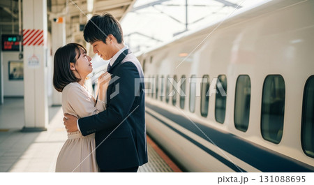 新幹線ホームで別れを惜しむ男女 抱きしめるほど遠くなる2人 131088695