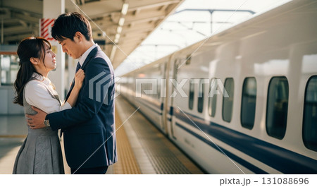 新幹線ホームで別れを惜しむ男女 抱きしめるほど遠くなる2人 131088696