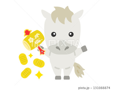 打ち出の小槌を振る、白馬のキャラクターのイラスト｜午年素材 131088874