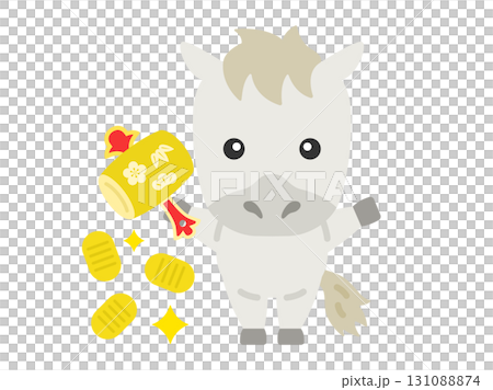 打ち出の小槌を振る、白馬のキャラクターのイラスト｜午年素材 131088874