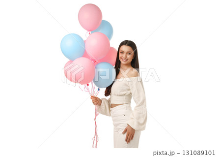 Girl with colorful balloons at a party, isolated on white, PNG 131089101