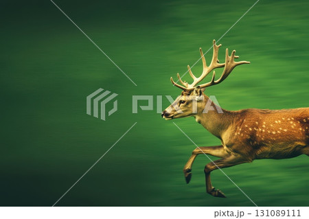 Quick Moving Deer with Antlers on Green Background 131089111