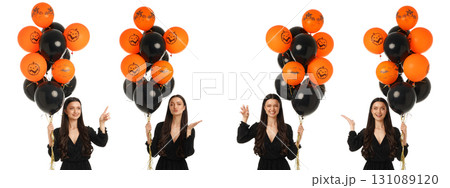 Woman celebrates Halloween with pumpkin balloons, isolated, PNG Woman celebrates Halloween with pumpkin balloons, isolated, PNG 131089120