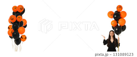 Woman in black dress holds Halloween balloons, isolated, PNG Woman in black dress holds Halloween balloons, isolated, PNG 131089123