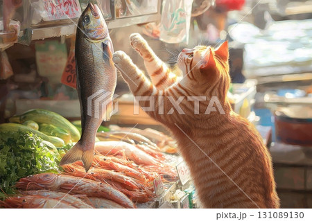 Playful Cat at Bustling Fish Market Scene 131089130