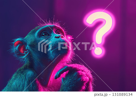 Surreal monkey portrait with vibrant colors and question mark Surreal monkey portrait with vibrant colors and question mark 131089134
