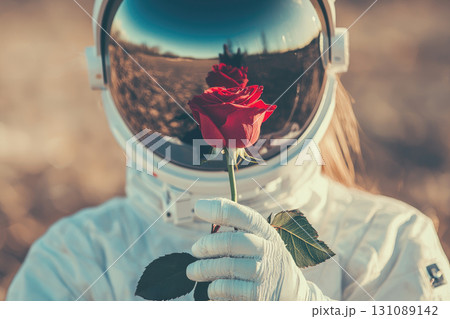 Astronaut holding red rose with reflective helmet 131089142