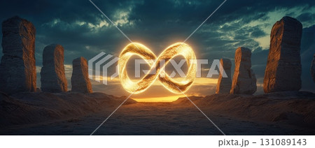 Glowing Infinity Symbol Carved in Light at Sunset Glowing Infinity Symbol Carved in Light at Sunset 131089143