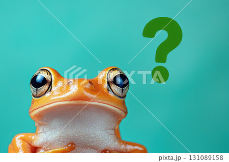 vibrant frog with large eyes and curious expression against teal background vibrant frog with large eyes and curious expression against teal background 131089158