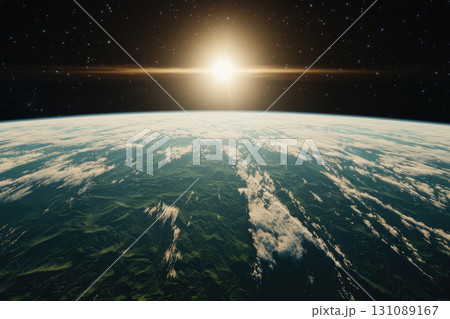 Sunrise over Earth from space, highlighting clouds and green landscapes 131089167