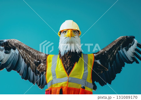 stoic eagle wearing safety vest and helmet, wings spread wide 131089170