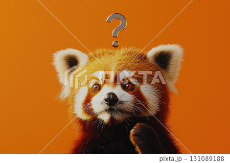 Curious red panda with question mark on orange background Curious red panda with question mark on orange background 131089188
