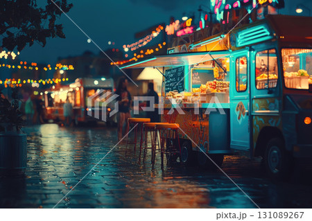 Vibrant night scene with food trucks and neon lights 131089267