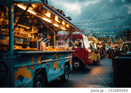 Food trucks at festival with cozy evening lighting 131089269