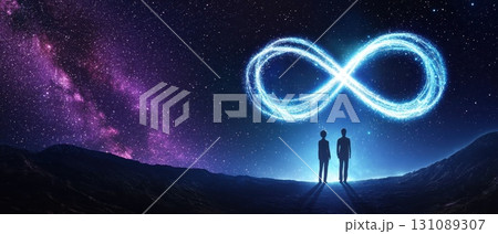 Two distant figures stand silhouetted under a vast starry night sky, gazing at a glowing infinity symbol made of ethereal light 131089307