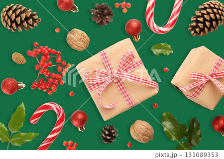 Various Christmas gifts and ornaments create a festive scene Various Christmas gifts and ornaments create a festive scene 131089353