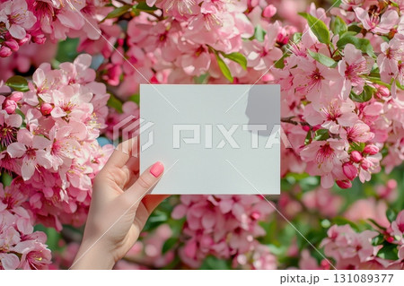 Woman Holding Blank Paper Among Spring Flowers 131089377