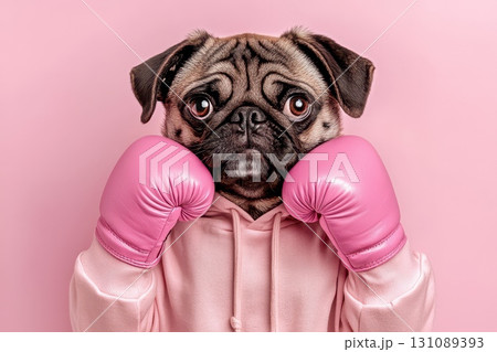 Goofy pug is dressed in pink boxing gloves, showcasing a humorous expression Goofy pug is dressed in pink boxing gloves, showcasing a humorous expression 131089393