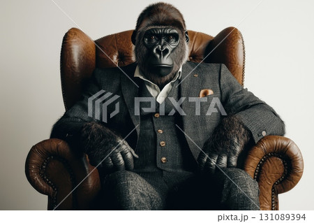 Stylish Gorilla in a Tailored Suit Relaxing in Chair 131089394