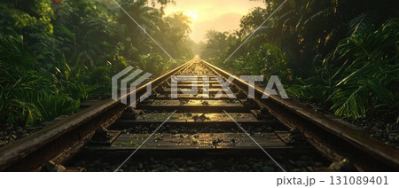Serene Railway Tracks Converging into a Sunset View Serene Railway Tracks Converging into a Sunset View 131089401