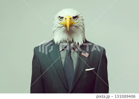 A bald eagle wearing a suit and tie with a red, white 131089406