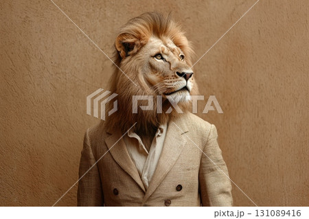 A lion is wearing a suit and standing in front of a wall 131089416