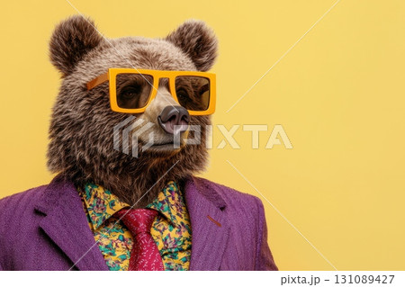 A bear wearing sunglasses and a purple suit 131089427