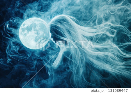 A woman with long hair is standing in front of a blue moon 131089447