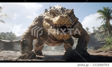 Menacing armored dinosaur roars in a tropical landscape, teeth b 131089703
