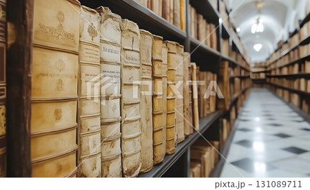 Row of aged, leather-bound books with faded titles on dark shelv 131089711
