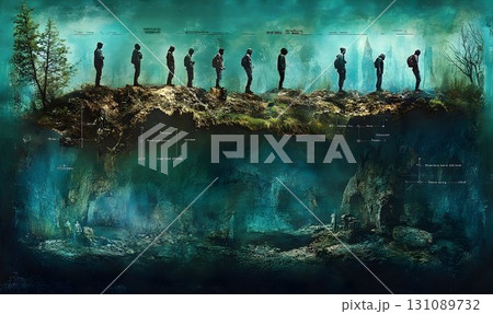 Silhouetted Figures on a Ridge, Above a Mysterious Underwater Ci 131089732