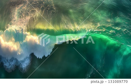 Aerial View of a Breaking Wave with Golden Light 131089770