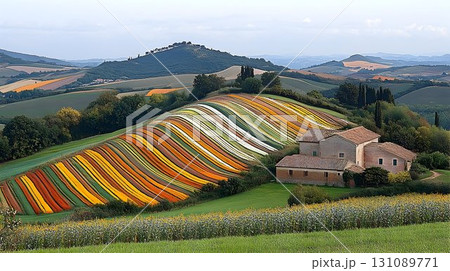 Colorful Cultivated Fields in Tuscany with Farmhouse and Distant 131089771