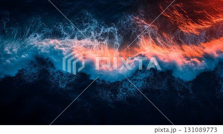 Fiery Ocean Wave Cresting in Deep Blue Waters, Aerial View 131089773