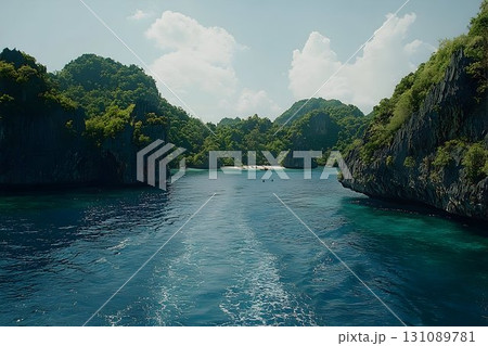 Serene Tropical Lagoon Surrounded by Lush Green Cliffs 131089781