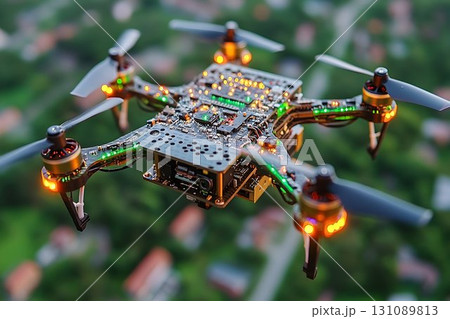 Illuminated Drone's Circuitry: Detailed Close-Up with Glowing Li 131089813