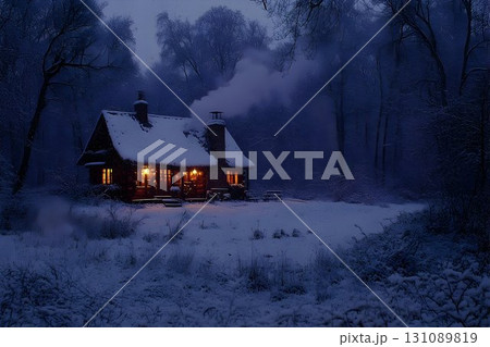Cozy Winter Cabin Scene with Warm Lights and Snowy Forest at Dus 131089819