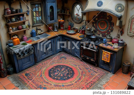 Whimsical kitchen interior with rustic blue cabinets and colorfu 131089822