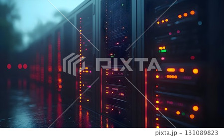 Server room illuminated with glowing lights reflecting on a wet 131089823