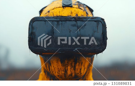 Weathered VR Headset on a Yellow Surface with Dripping Black Sub 131089831